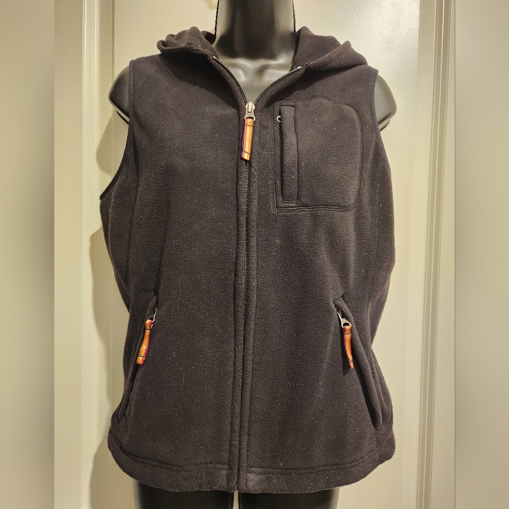 Eddie Bauer black hooded fleece vest. Sz Med EUC